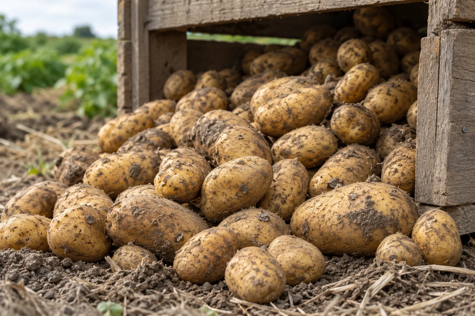 Vers geoogste aardappelen in een houten kist — sfeerbeeld