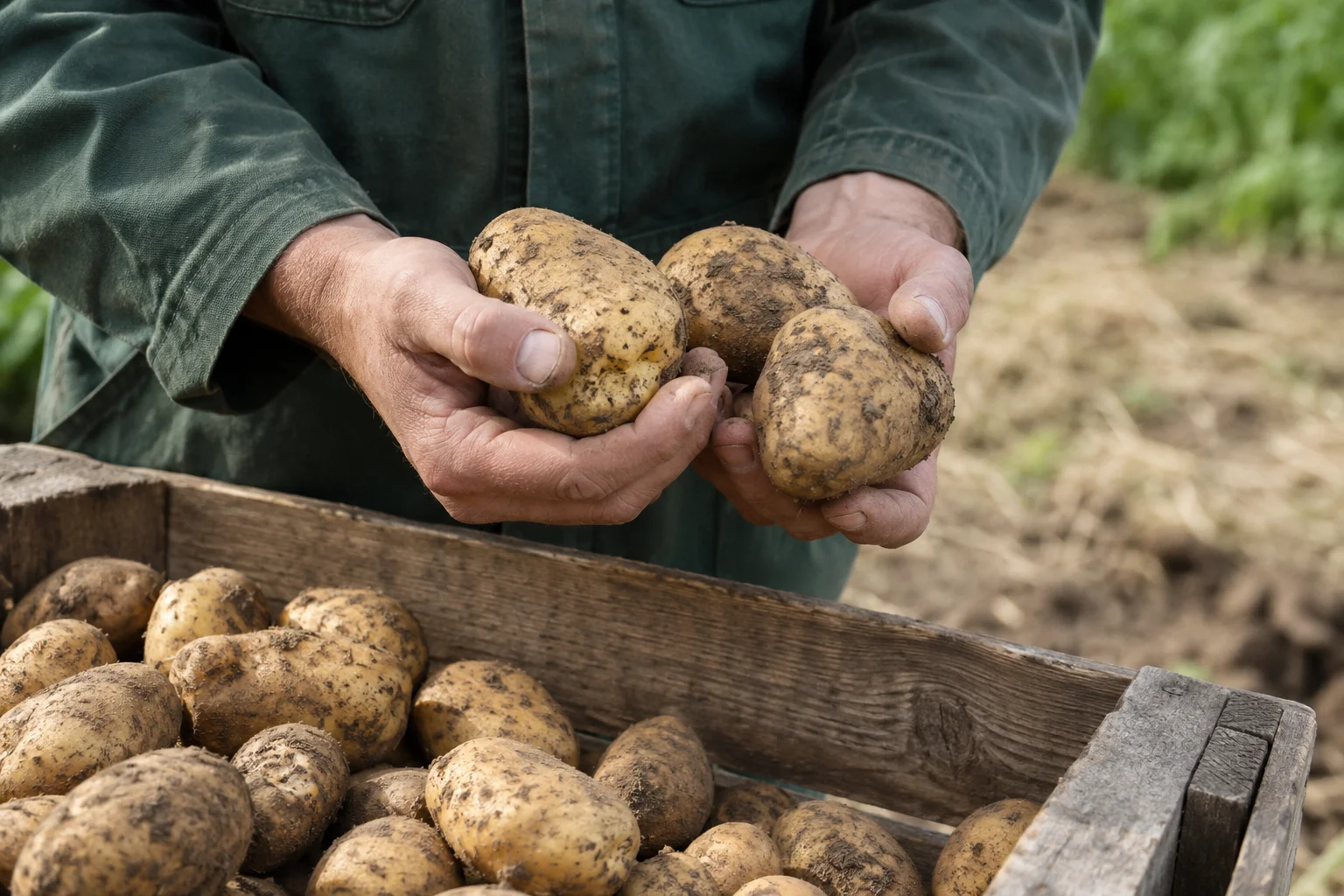 Handen met vers geoogste aardappelen — sfeerbeeld