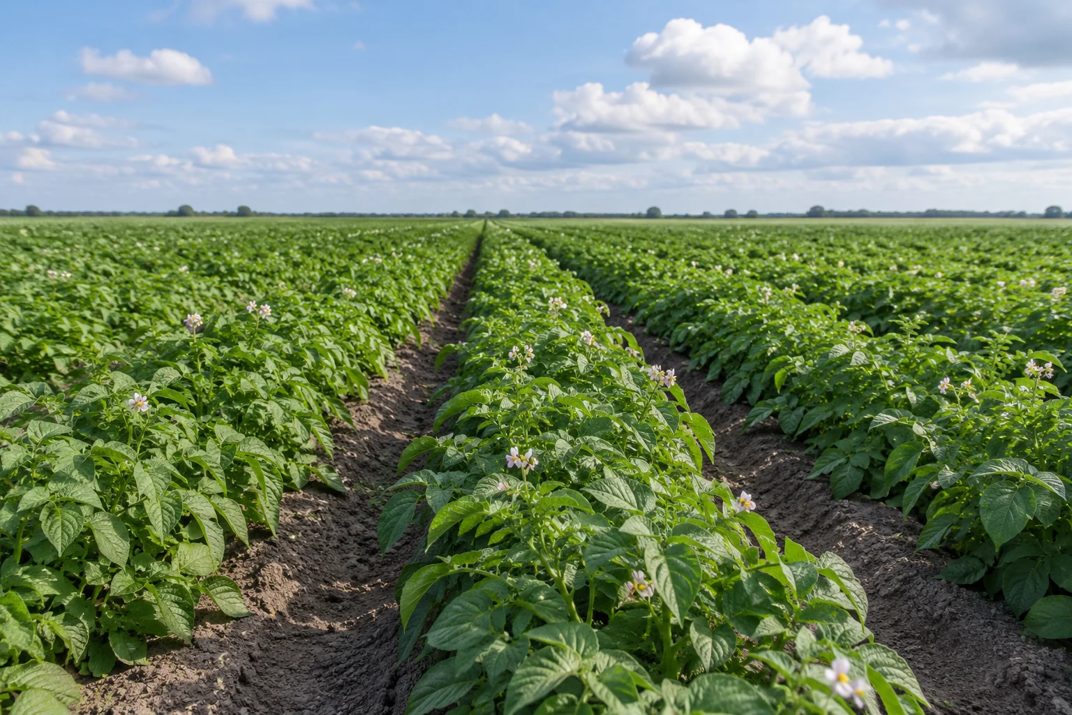 Rijen aardappelplanten op het land
